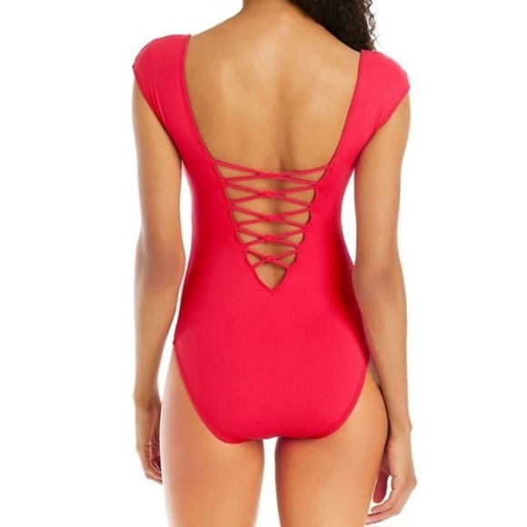 Bleu Rod Beattie Lace Up Cap Sleeve One Piece Swimsuit NWT Sz8 Pink/Coral - Picture 2 of 8